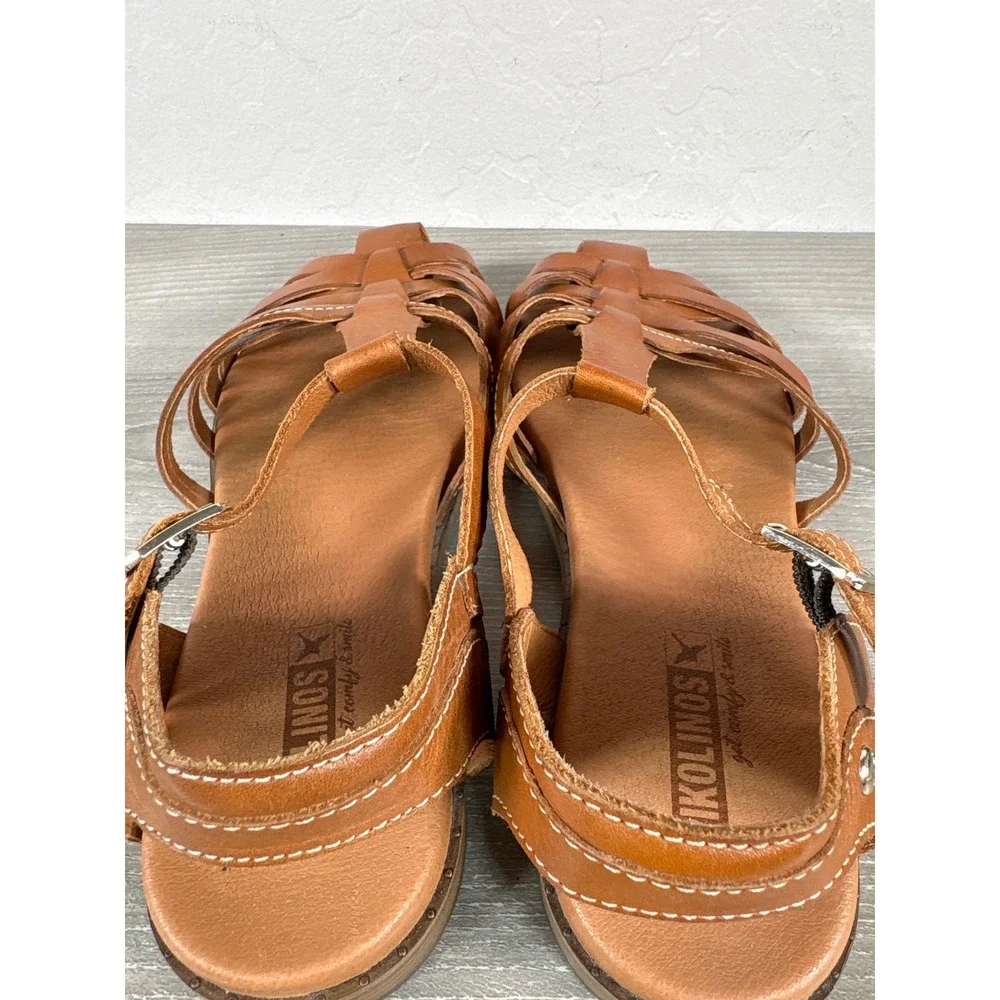 Pikolinos Womens Navia Leather Strappy Sandals Brown Caged Flat Shoes Size 38